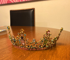 Princess Gold Tone Tiara Crown Headband Multicolor Rhinestones Adjustable
