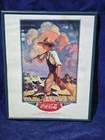 Vintage 1990 Coca-Cola Framed Sign Boy Dog Fishing Pole 1937 Calendar Art
