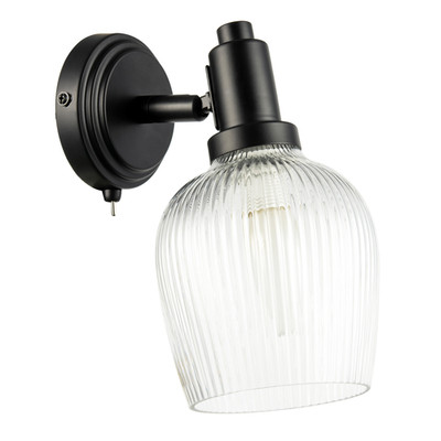 Edle mattschwarze geschaltete Wandleuchte mit klarem geripptem Glasschirm von Happy...