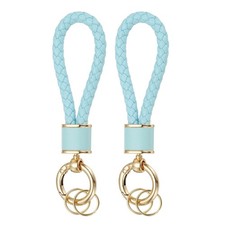 2 Pack Braided Leather Keychain for Car Bag Wallet, Gold/Original Light Blue