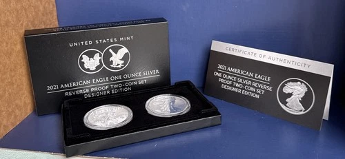 2021 American $1 Eagle 1oz Silver Reverse Proof 2-Coin Set Designer Edition Coin