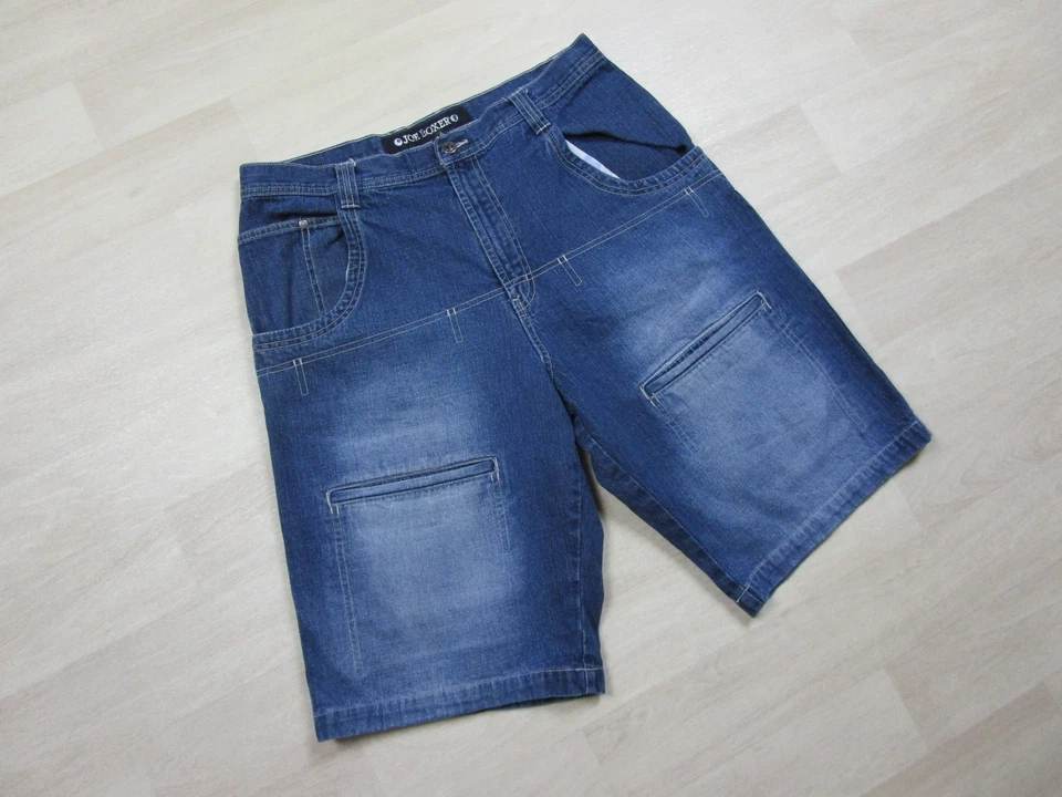 "Pantalones cortos de jean vintage Y2K Joe Boxer 8 bolas lavado oscuro holgados de mezclilla patinador cintura 35""" Foto 3 de 4