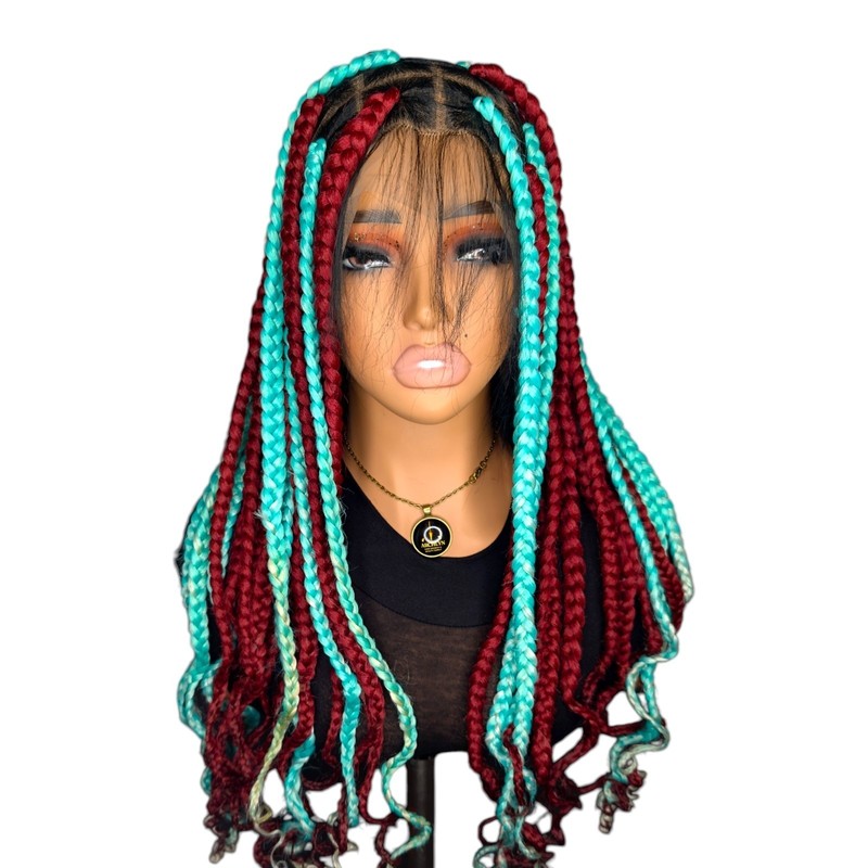 Handmade Full Lace Box Braided Wig 13×4 Front Parting Burgundy & Turquoise Curly