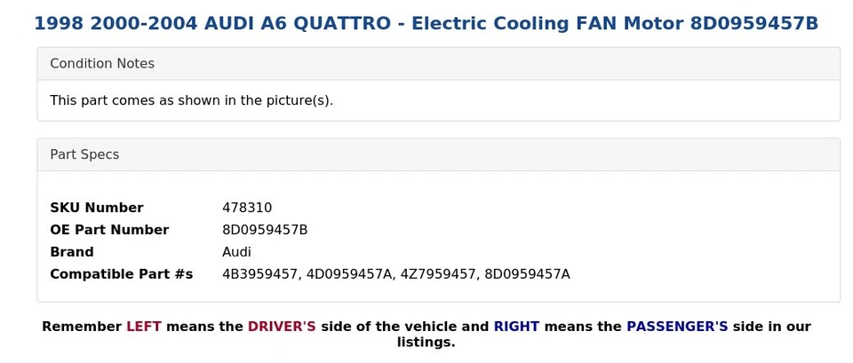 AUDI A6 QUATTRO 1998 2000-2004 - Motor ventilador de refrigeración eléctrico 8D0959457B Foto 3 de 4