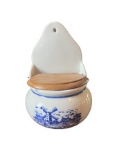 Vintage Delft Style Blue & White Ceramic Wall Mount Salt Box with Hinged Wooden