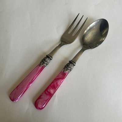 Vintage Eme Napoleon 18/10 Stainless Steel Italian Spoon and Fork Set Pink Pearl