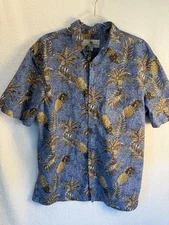 ISLAND SHORES Hawaiian Shirt Size L Orig. Island Wear Blue Cotton Tropical Print