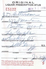 1928 Prohibition Whiskey Stub Prescription Doctor Medicine Pharmacy Bar Butte MT