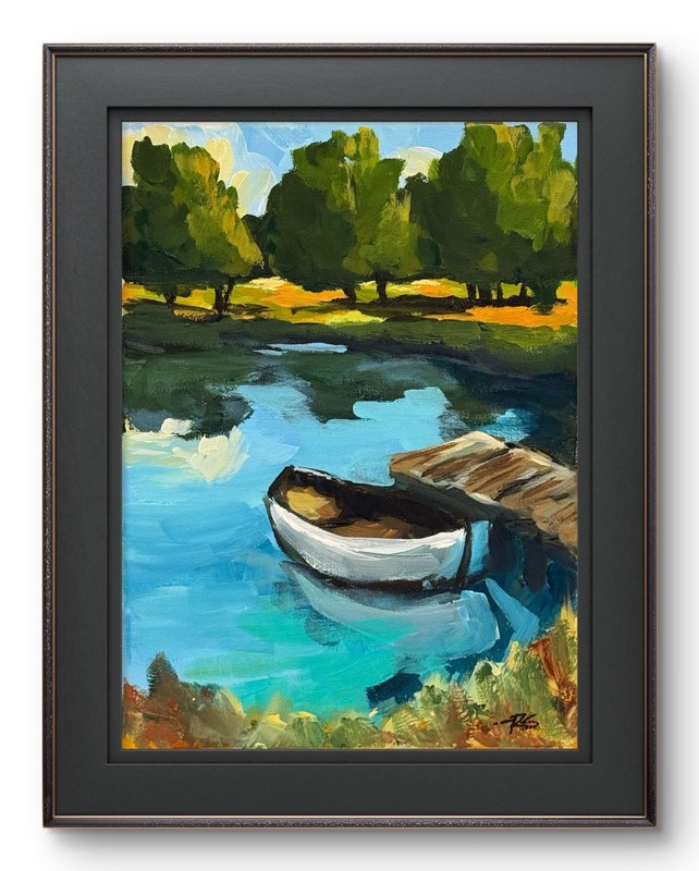White Rowboat Lake Painting 9x12 Original Landscape Acrylic Wall Art R Stevens