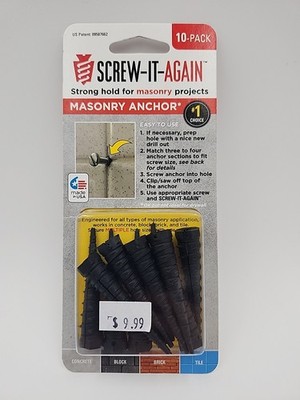 Screw It Again Masonry Anchor 10PK Strong Hold For Concrete, Brick, Tile, Block.