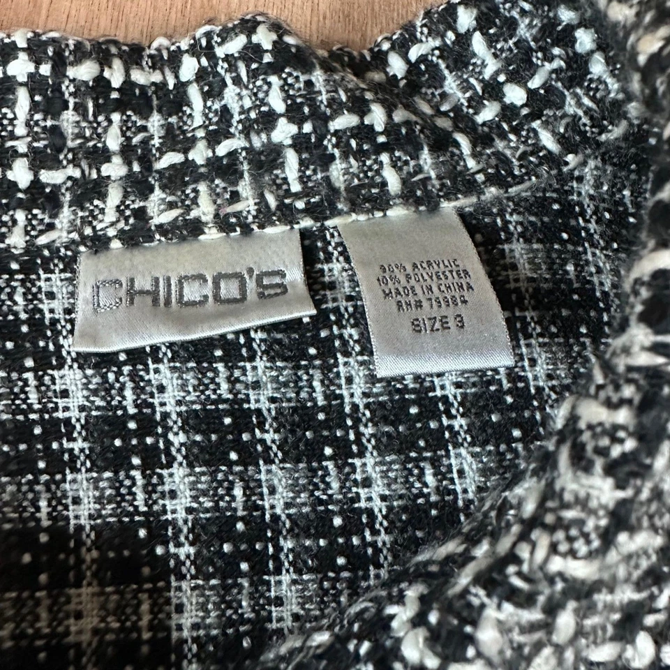 Chaqueta Blazer Abrigo Chico’s Talla 3 Negro Blanco Tweed Texturizado Botón Frontal XL Foto 3 de 4