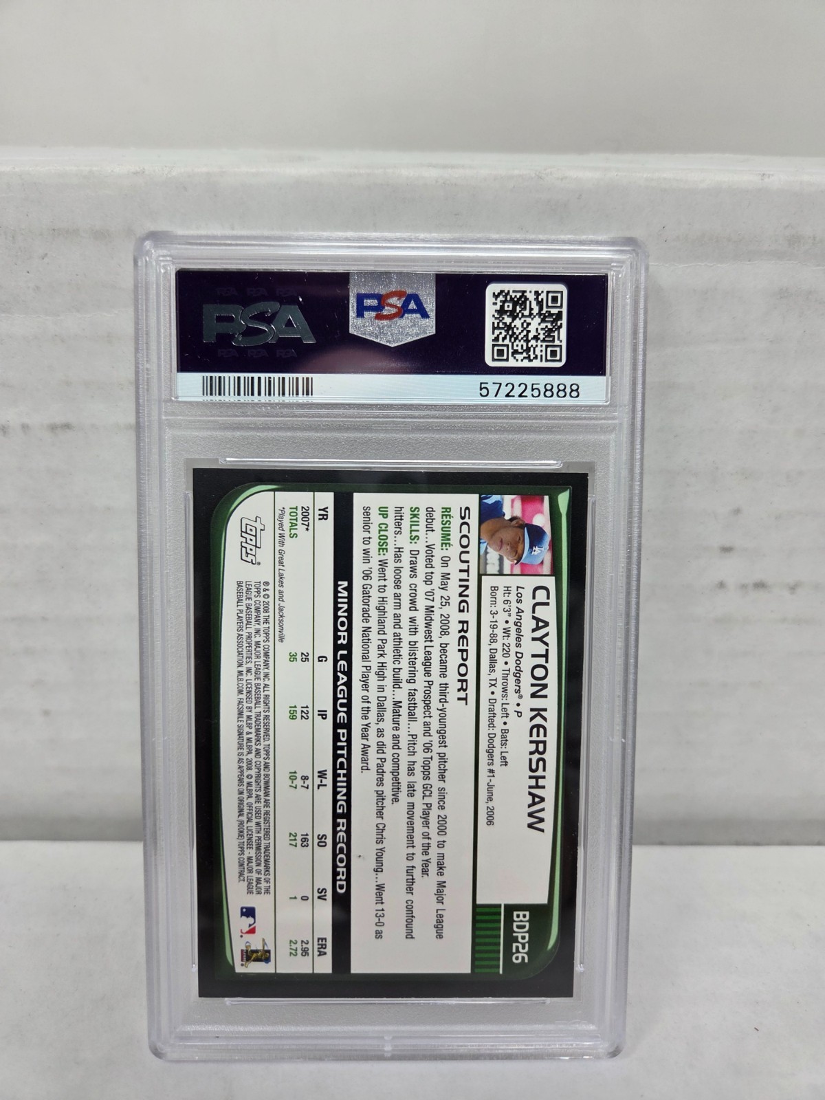 2008 Bowman Draft CLAYTON KERSHAW RC ROOKIE CARD PSA 8 NM MT view 2