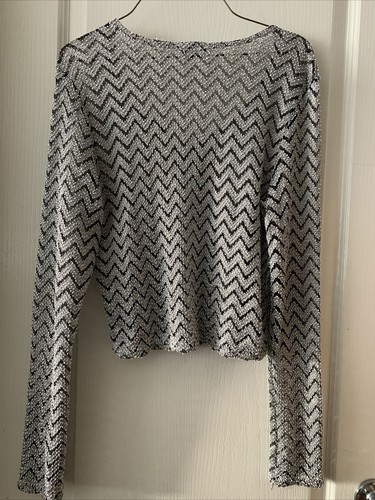 VTG EZen 90s Cropped Sheer Cardigan Sz S 1-Button Front Made In USA Silver/Black - Picture 2 of 11