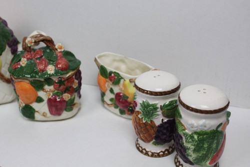 Vintage Duncan Ceramic Teapot Fruit Basket Weave Set Sugar Creamer Salt Pepper - Picture 3 of 5