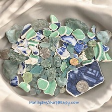 Bulk Sea Glass/Pottery Lot, Aqua, Green, Blue, Teal, 52