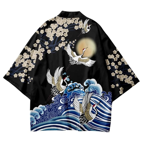 Men Japanese Kimono Outwear Loose Yukata Bathrobe Cardigan Crane Print Top - Bild 6 von 12