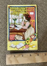 Mary Engelbreit Notecard Woman Sitting Desk With Book To Imagine Is Everything