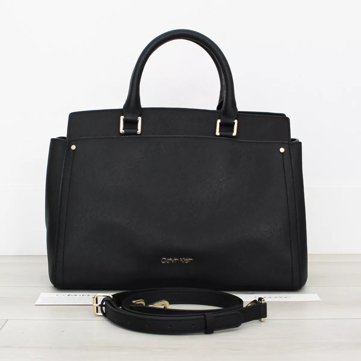 Calvin Klein Saffiano Leather Small Tote Bag in Black