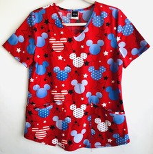 Disney Mickey Mouse Patriotic Stars V Neck Medical Scrub Top Women's Size S