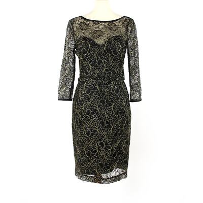 THEIA Lace Black Gold Floral Belted Cocktail Dress 8 Boat Neck 3/4th Sleeve  | eBay