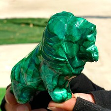399G Natural glossy Malachite Crystal  Handcarved lion mineral sample healing