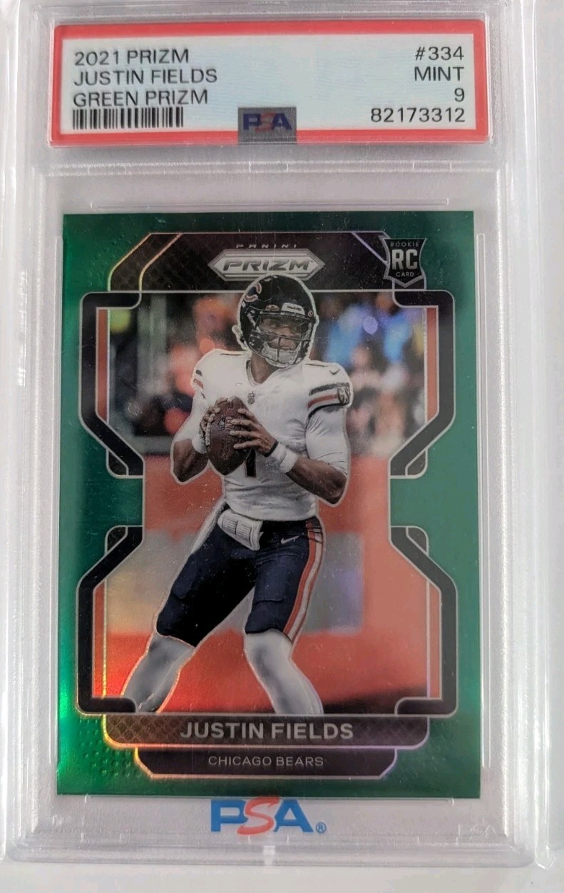 2021 Prizm Justin Fields RC Green Rookie #334 Bears PSA 9