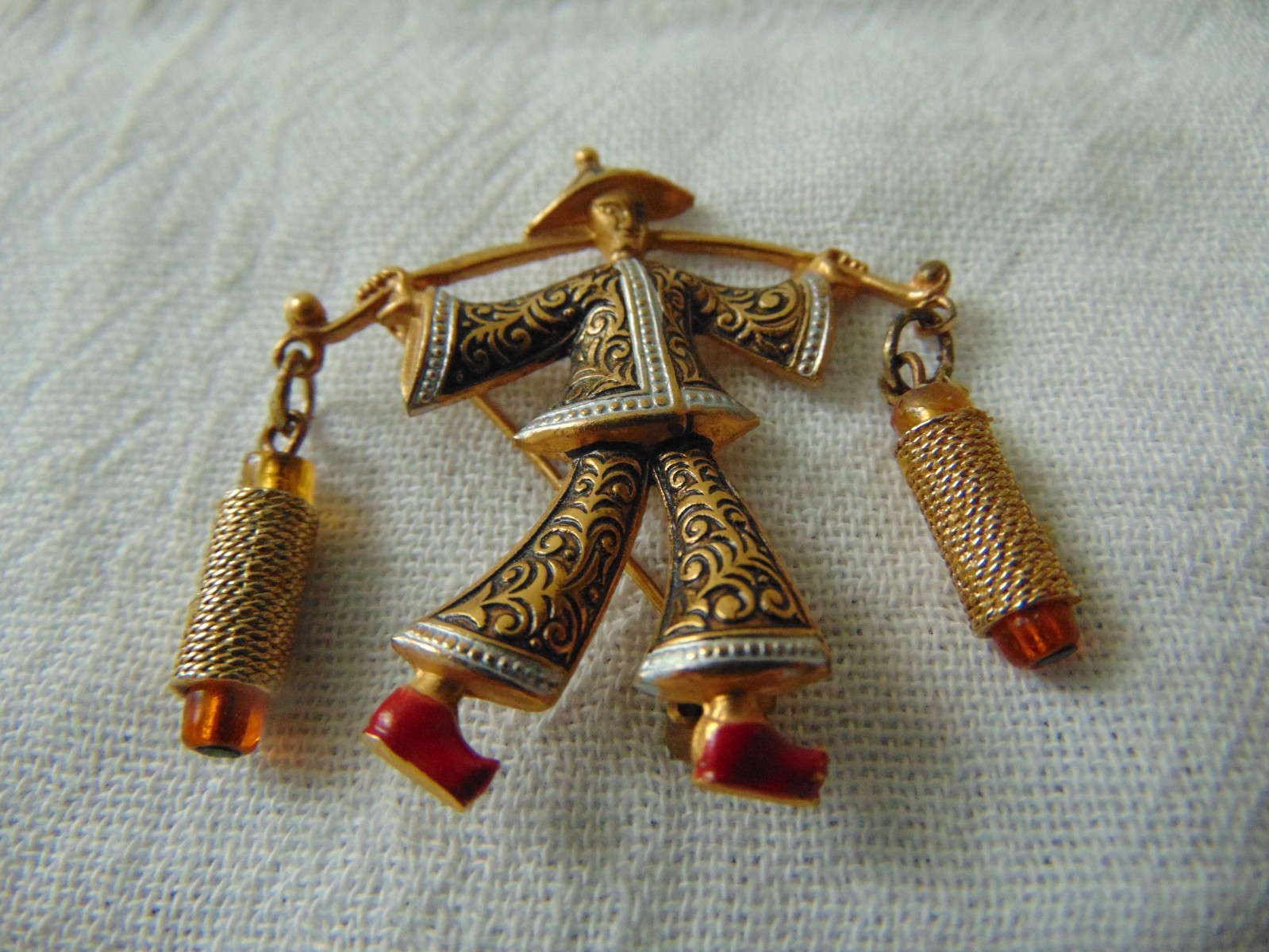 vintage Asian Water Carrier Damascene dangles brooch