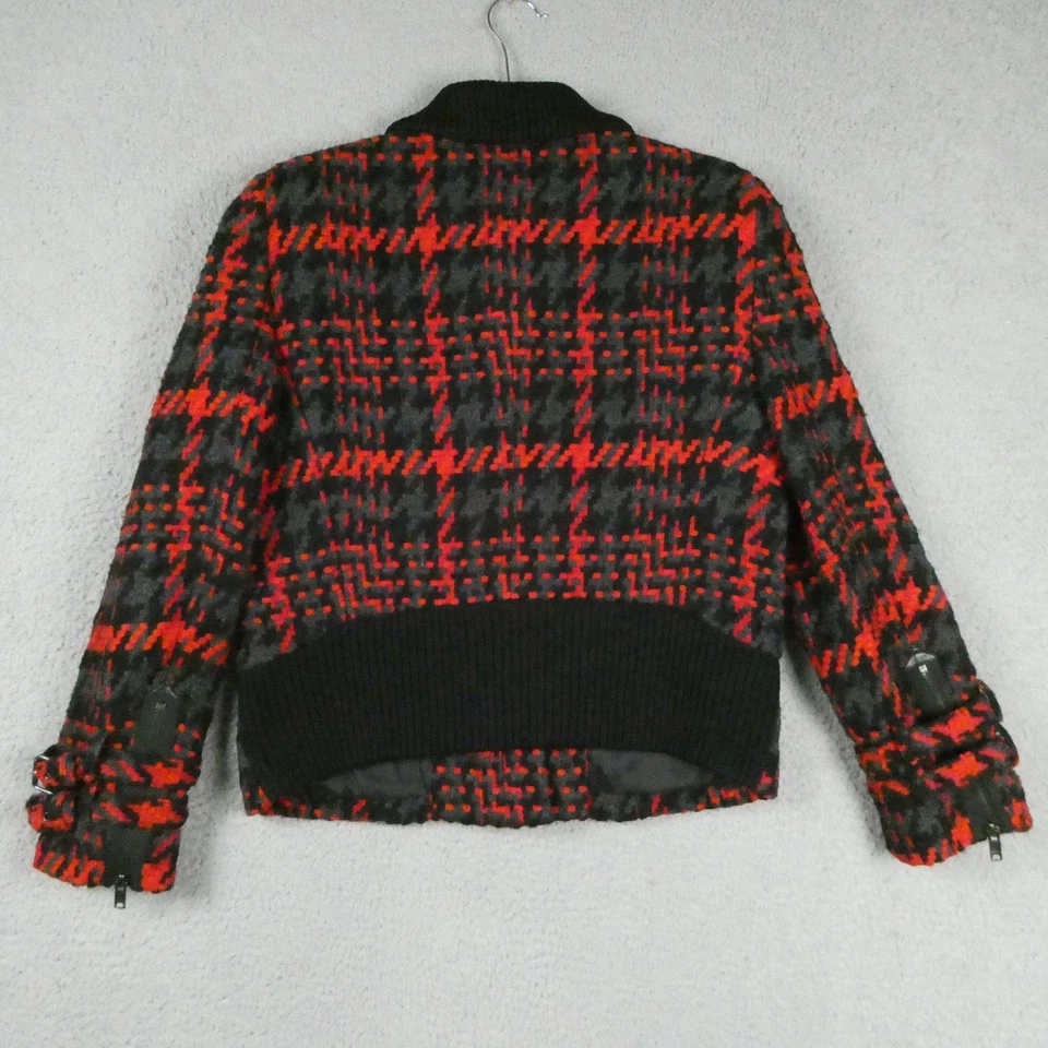 DKNY Jacket Womens Large Red Black Plaid Wool Blend Zipper Pockets Moto Boucle - Image 2 of 4