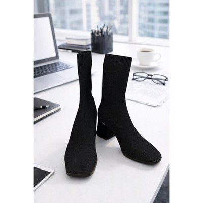 Aldo Black Sock Boot Bootie 7 Preppy Academia Square Toe Stacked Heels Casual