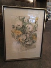 Original Aquarellmalerei Gelbe Blumen gerahmt 42 x 32 cm Aquarell 1984 Signatur 