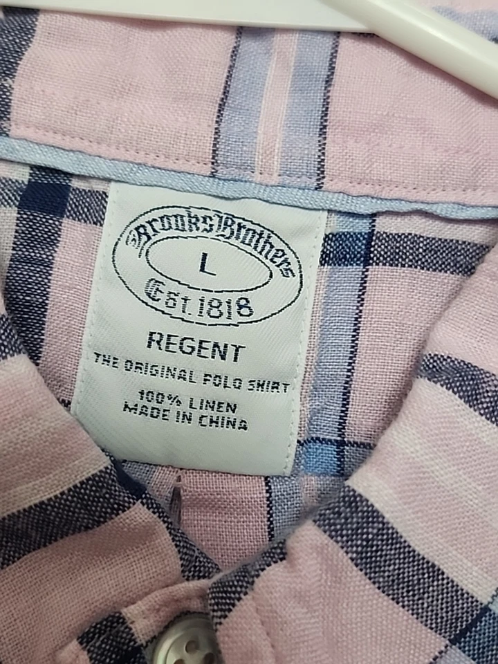 Brooks Brothers Irish Linen Grande Regent Rosa Azul Cuadros Botón Baird McNutt  Foto 2 de 4