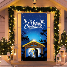 Nativity Christmas Door Cover Decorations, Jesus Holy Night Fabric Door Decorati