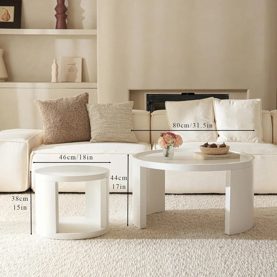 2X Nesting Coffee Table Set Pine Wood White Round Side End Tables Living Room - Image 2 of 4