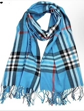 Classic Plaids Pattern Pashmina Silk blend Scarf wrap warm soft shawl Aqua Blue