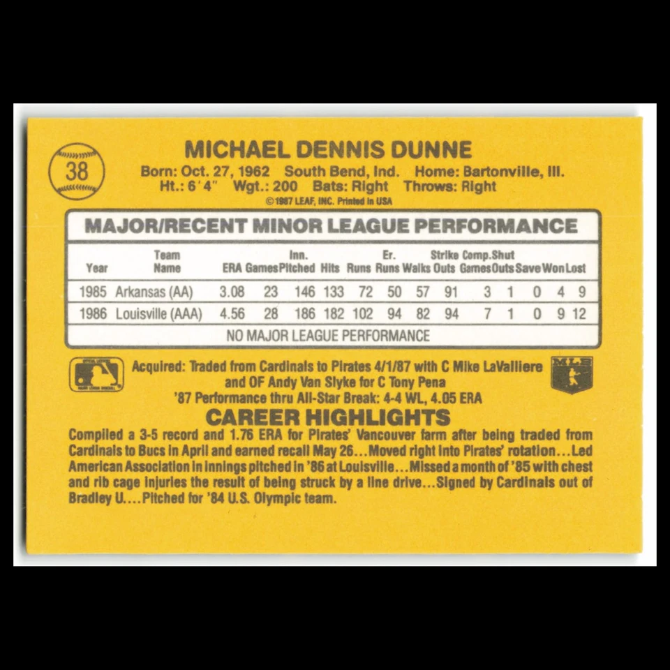 Mike Dunne Rookie #38 1987 Donruss The Rookies Pittsburgh Pirates Baseball Card - Image 2 of 3