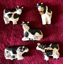 HANDPAINTED BLACK WHITE COW REFRIGERATOR MAGNETS, SET OF 5 FARM ANIMALS