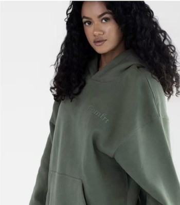 Comfrt Green Fleece Pullover Hoodie Embroidered Hooded Pocket Women