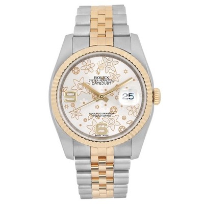 Rolex Datejust 36 18k Yellow Gold Steel Floral Silver Dial Watch 116233