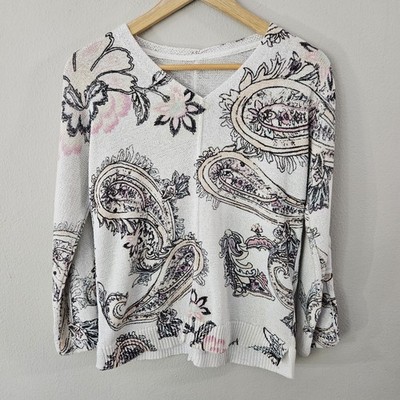 Chico's Printed Sleeve Detail V-Neck Sweater Size 0 US S Paisley Coastal Grandma