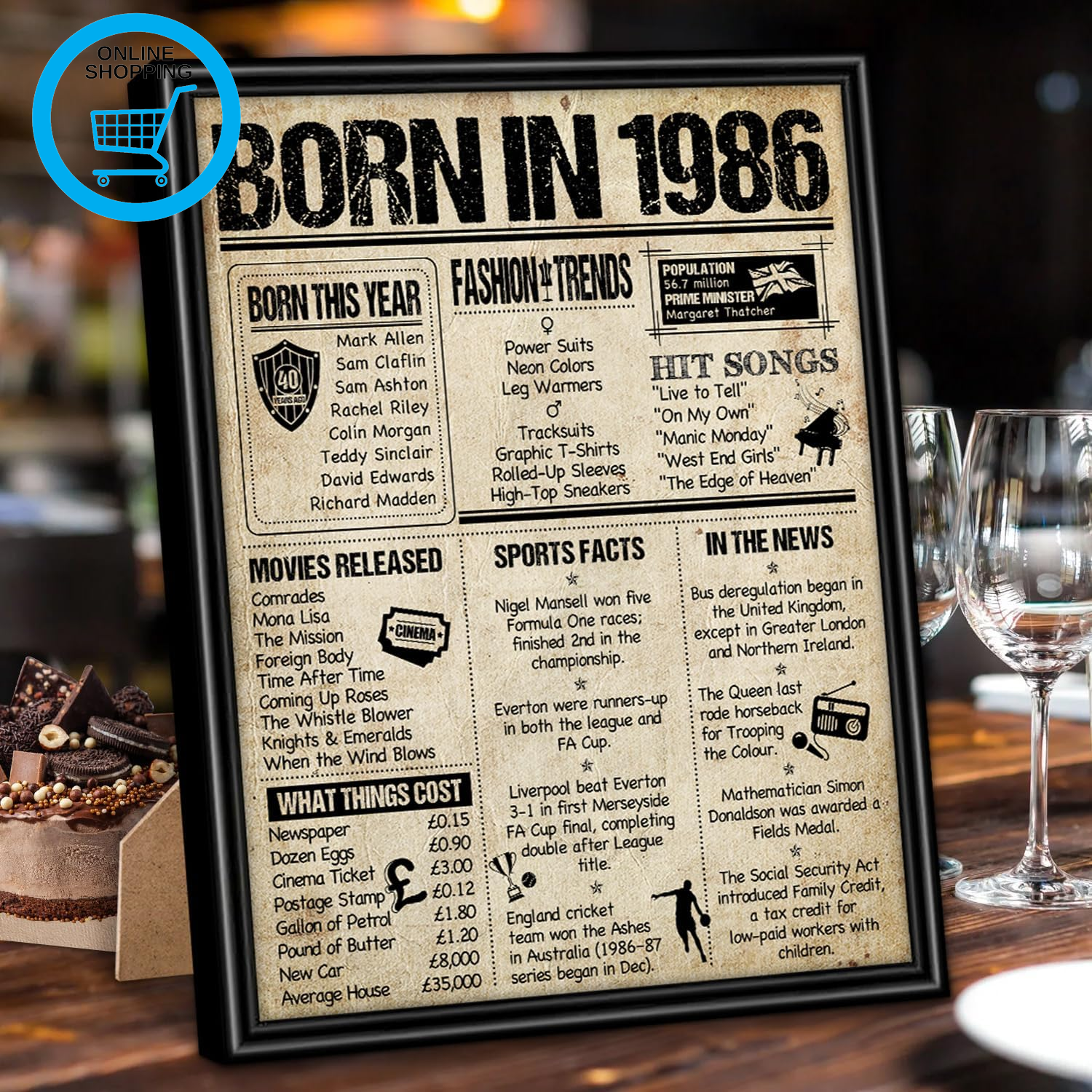 1986 Poster Framed UK, Happy 40Th Birthday Sign Card Party Decor Supplies Home D