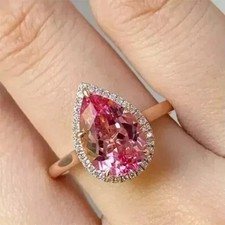 2Ct Pear Cut Lab Created Pink Sapphire Halo Wedding Ring 14K Yellow Gold Plated