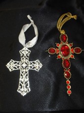 2 Jeweled Crucifix Cross Christmas Ornaments