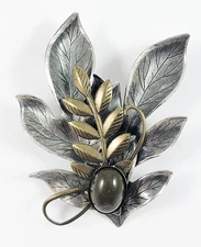 Large Oak And Laurel Leaf Brooch Mixed Metal With Olive Green Cabochon Vintage
