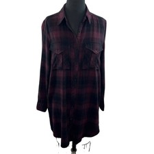 Wilfred Free Burgundy Black Plaid Long Sleeve Button-Up Cotton Shirt Dress Sz M