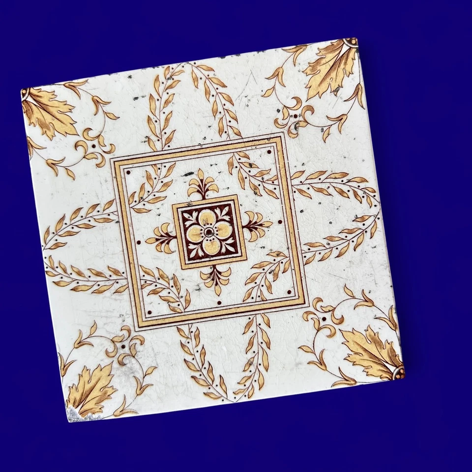 Antique Minton Victorian Tiles, 1891 Floral Transferware, Set of 5, Yellow - Image 4 of 4