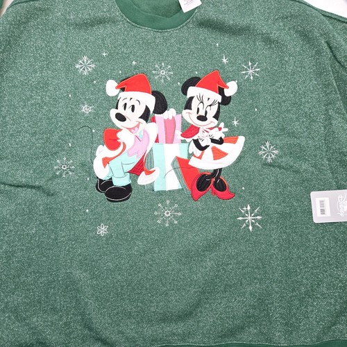 2023 Disney Parks Santa Mickey & Minnie Green Holiday Pullover Sweatshirt 1X NWT - Picture 2 of 7