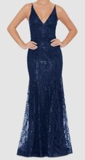 Blondie Nites Women's Blue V-Neck Sequined Gown Dress Juniors' Size 13