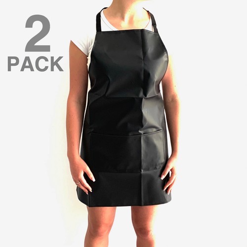 WATERPROOF APRON WASHABLE PVC BLACK RESTAURANT KITCHEN BIB POCKET SCHOOL COOKING - Picture 8 of 12