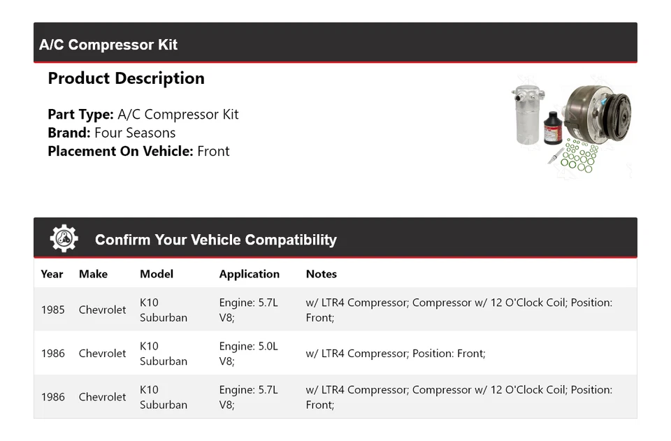 Kit de compresor de aire acondicionado delantero 4 estaciones para Chevrolet K10 Suburban 1985-1986 Foto 2 de 4