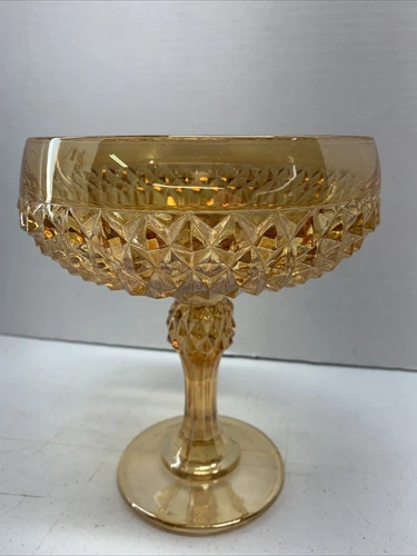 Vtg Indiana Glass Diamond Point Marigold Carnival Glass Pedestal Compote Bowl